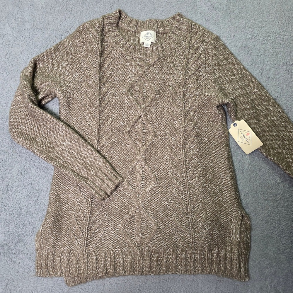St. John's Bay Womens Small Sweater Taupe Heather Cable Knit Crew Neck Pullover